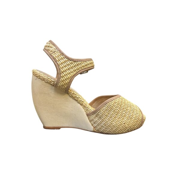 Loeffler Randall Woven Straw & Leather Peep-Toe Valentine Wedge Heels 8.5 - Picture 3 of 9